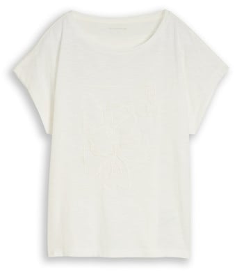 Fehér, rövid ujjú póló virágmintás dombornyomással. Fehér, rövid ujjú póló virágmintás dombornyomással.