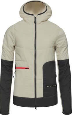 Leichte beige Jacke mit schwarzen Ärmeln und roter Tasche. Leichte beige Jacke mit schwarzen Ärmeln und roter Tasche.