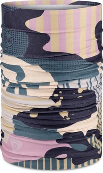Ein Schlauchtuch mit abstraktem Muster in Pastellfarben und Streifenmotiven.