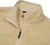 Detail des cremefarbenen Fleecekragens und Reißverschlusses einer Jacke.