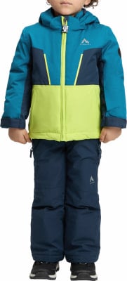 Kind in einer blauen Skijacke mit limettengrünen und dunkelblauen Akzenten. Kind in einer blauen Skijacke mit limettengrünen und dunkelblauen Akzenten.