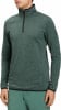 Ein Mann in einem dunkelgrünen Fleece-Pullover mit Stehkragen und schwarzem Reißverschluss.