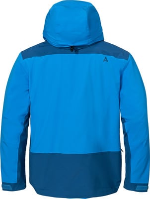 Rückansicht einer blauen Kapuzenjacke mit dunkleren Einsätzen. Rückansicht einer blauen Kapuzenjacke mit dunkleren Einsätzen.