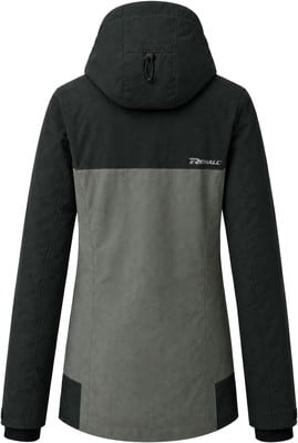 Rückansicht einer schwarz-grauen Winterjacke mit Rehall-Logo. Rückansicht einer schwarz-grauen Winterjacke mit Rehall-Logo.
