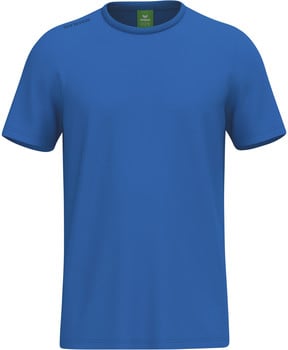 Ein blaues T-Shirt mit kurzen Ärmeln und Erima-Logo auf der Schulter.