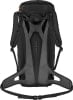 Die Rückseite eines schwarzen Rucksacks mit gepolsterten Schultergurten und Hüftgurt.