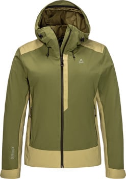 Grüne Herrenjacke mit beigen Akzenten und Kapuze.