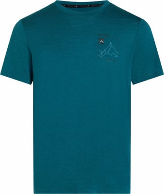 Blaues T-Shirt mit kurzen Ärmeln und Bergmotiv auf der Brust. Blaues T-Shirt mit kurzen Ärmeln und Bergmotiv auf der Brust.