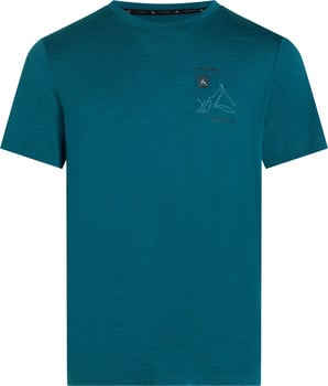 Blaues T-Shirt mit kurzen Ärmeln und Bergmotiv auf der Brust.