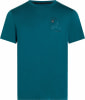 Blaues T-Shirt mit kurzen Ärmeln und Bergmotiv auf der Brust.
