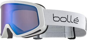 Eine weiße Skibrille von Bollé mit verspiegelter blau-violetter Linse.