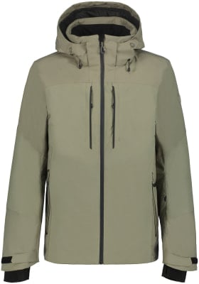 Grüne Herrenjacke mit Kapuze und schwarzem Reißverschluss, zwei Brusttaschen.
