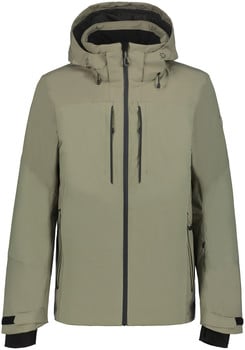 Grüne Herrenjacke mit Kapuze und schwarzem Reißverschluss, zwei Brusttaschen.