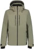 Grüne Herrenjacke mit Kapuze und schwarzem Reißverschluss, zwei Brusttaschen.