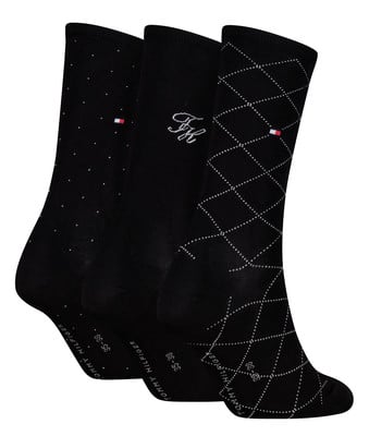 Három pár fekete zokni, különböző mintákkal és Tommy Hilfiger logóval. Három pár fekete zokni, különböző mintákkal és Tommy Hilfiger logóval.
