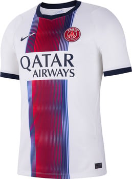 Weißes Paris Saint-Germain Fußballtrikot mit roten und blauen Streifen in der Mitte.