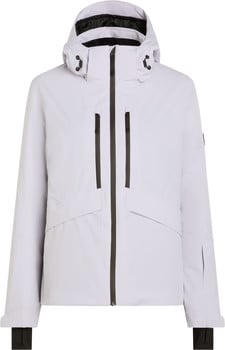 Hellgraue Herren-Skijacke mit Kapuze und dunklen Reißverschlüssen.