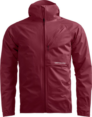 Rote Herrenjacke mit Kapuze und ORTOVOX-Logo.