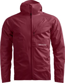 Rote Herrenjacke mit Kapuze und ORTOVOX-Logo.