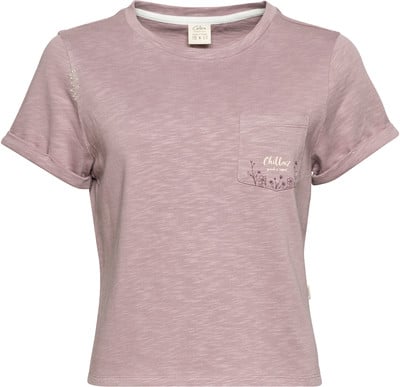 Rosa T-Shirt mit kurzen Ärmeln und Blumenprint auf der Brusttasche.