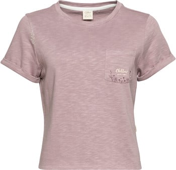 Rosa T-Shirt mit kurzen Ärmeln und Blumenprint auf der Brusttasche.