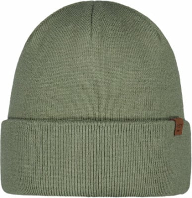 Grüne Strickmütze mit Umschlag und braunem Lederdetail mit Logo. Grüne Strickmütze mit Umschlag und braunem Lederdetail mit Logo.