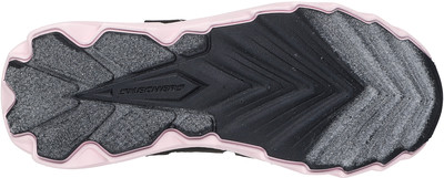 Schuhsohle eines Kinderschuhs mit rosa Rand und schwarzem Muster Schuhsohle eines Kinderschuhs mit rosa Rand und schwarzem Muster