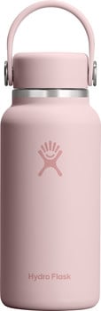 Eine rosa Hydro Flask Flasche mit Henkel und Logo.
