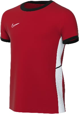 Rotes Nike-T-Shirt mit weißem Logo und schwarzer Paspel.