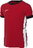 Rotes Nike-T-Shirt mit weißem Logo und schwarzer Paspel.