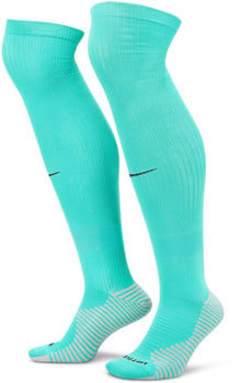 Zwei lange, türkisfarbene Nike-Fußballsocken mit schwarzem Logo und gestreifter Ferse.