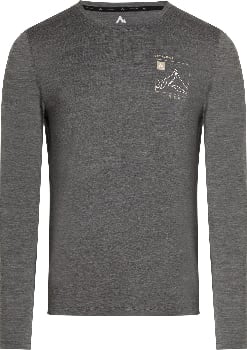 Graues Langarmshirt mit Bergmotiv auf der Brust.