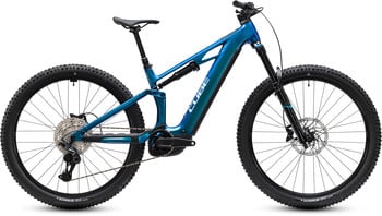 Blau-schwarzes Mountain-E-Bike mit Federung auf weißem Hintergrund.