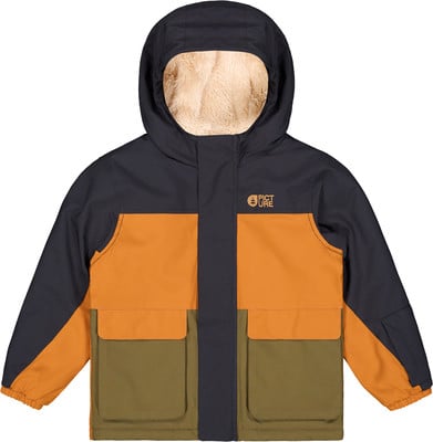 Kinderjacke mit Kapuze, orange-dunkelblau mit khaki Taschen.