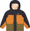 Kinderjacke mit Kapuze, orange-dunkelblau mit khaki Taschen.