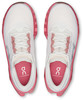 Weiße Laufschuhe mit rosa Details und ON Cloudmonster-Logo.