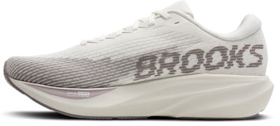 Weiße Brooks-Laufschuhe mit grauem Logo und Farbverlaufsmuster. Weiße Brooks-Laufschuhe mit grauem Logo und Farbverlaufsmuster.