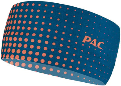Blaues Stirnband mit orangefarbenen Punkten und PAC-Logo. Blaues Stirnband mit orangefarbenen Punkten und PAC-Logo.