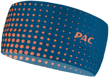 Blaues Stirnband mit orangefarbenen Punkten und PAC-Logo.