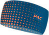 Blaues Stirnband mit orangefarbenen Punkten und PAC-Logo.