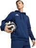 Ein junger Mann in einem dunkelblauen Kapuzenpullover hält einen Fußball.