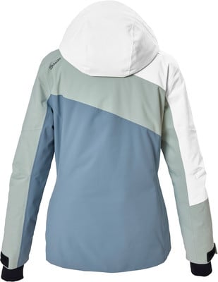 Rückansicht einer Damen-Skijacke in mehrfarbigem Design. Rückansicht einer Damen-Skijacke in mehrfarbigem Design.
