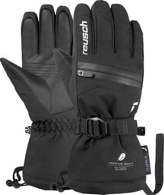 Schwarze Reusch Skihandschuhe mit Logo und Reißverschluss, Lederdetails. Schwarze Reusch Skihandschuhe mit Logo und Reißverschluss, Lederdetails.