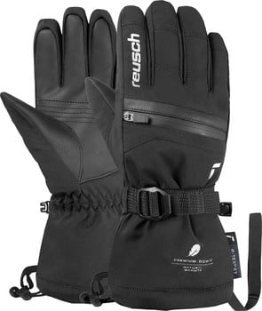Schwarze Reusch Skihandschuhe mit Logo und Reißverschluss, Lederdetails.