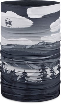 Grauer Buff-Schlauchschal mit Berg- und Wolkendruck, ideal für Outdoor-Aktivitäten.
