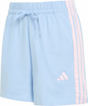 Hellblaue Adidas Shorts mit rosa Streifen und Logo.