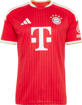 Rotes Bayern München Fußballtrikot mit Adidas-Logo und T-Sponsor.