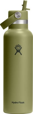 Grüne Hydro Flask Flasche mit Logo und Strohhalm am Deckel. Grüne Hydro Flask Flasche mit Logo und Strohhalm am Deckel.