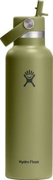 Grüne Hydro Flask Flasche mit Logo und Strohhalm am Deckel.