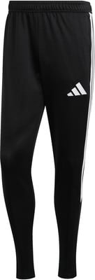 Schwarze Adidas Sporthose mit weißen Streifen und Logo.